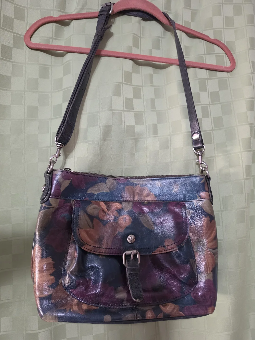 Patricia Nash Hand-Painted Floral Leather Shoulder Bag - Purple & Brown & Black